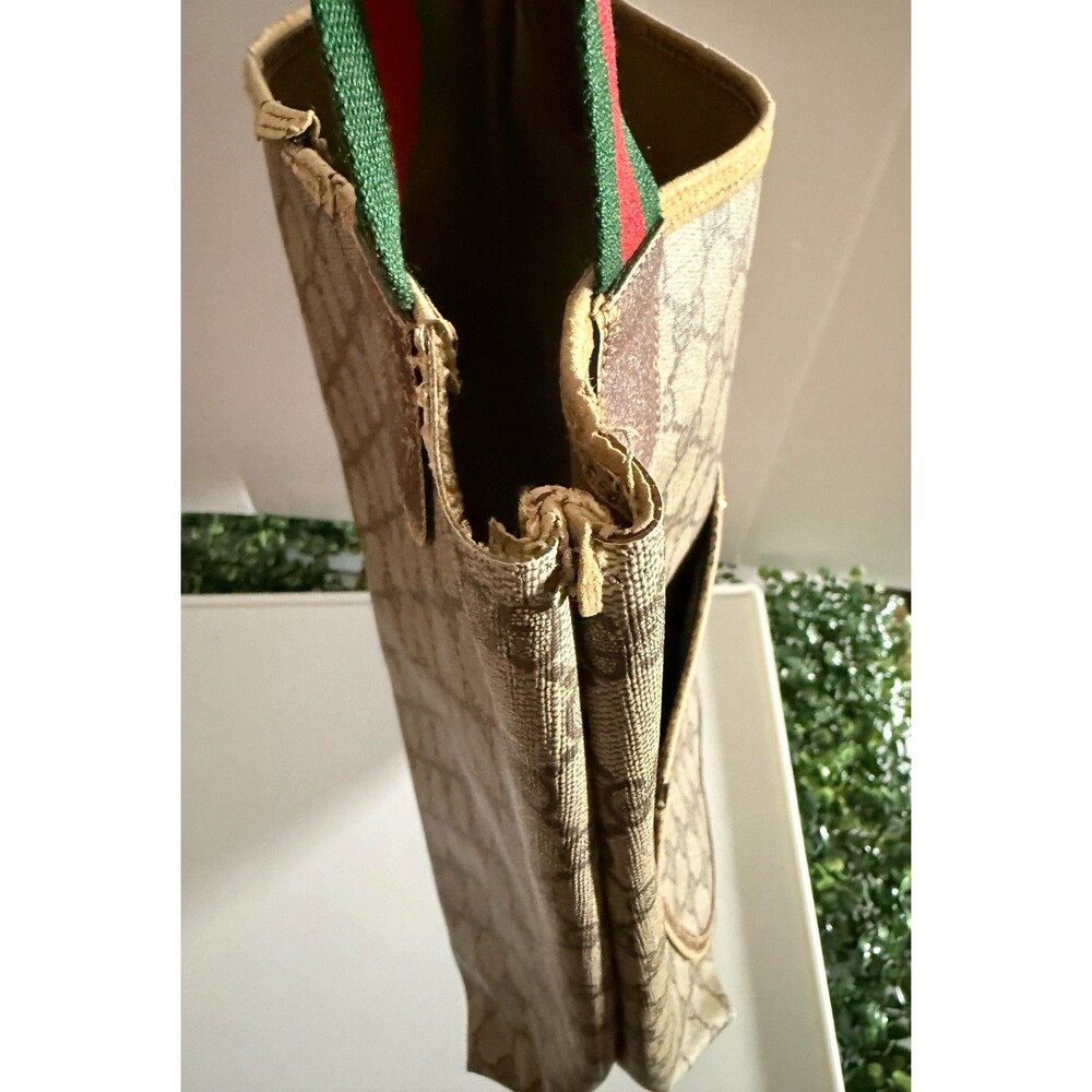 Gucci Vintage GG Monogram Canvas Tote Bag Green Red Web Straps - Brown Logo - Picture 8 of 11